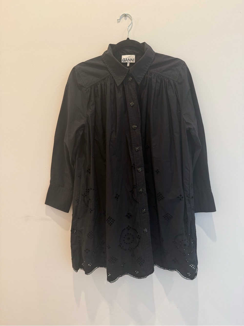 Ganni Black button front eyelet shirt dress